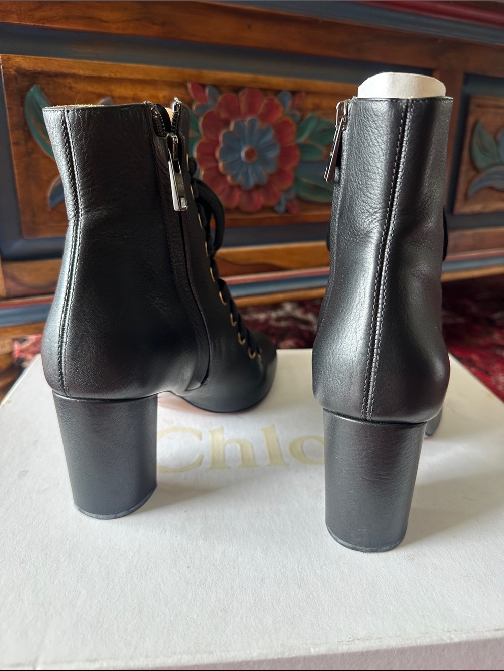 Chloe Black Leather Lace-Up Ankle Boots with Gold Eyelets - Picture 4 of 10